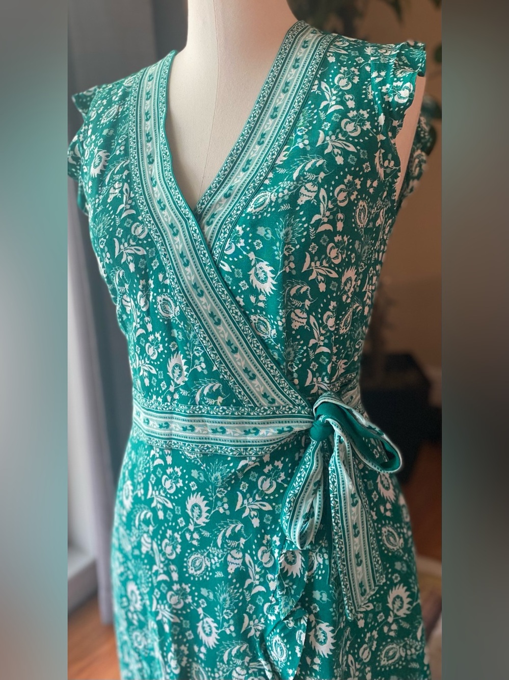 LOFT Teal Floral Wrap Midi Dress with Tie Waist